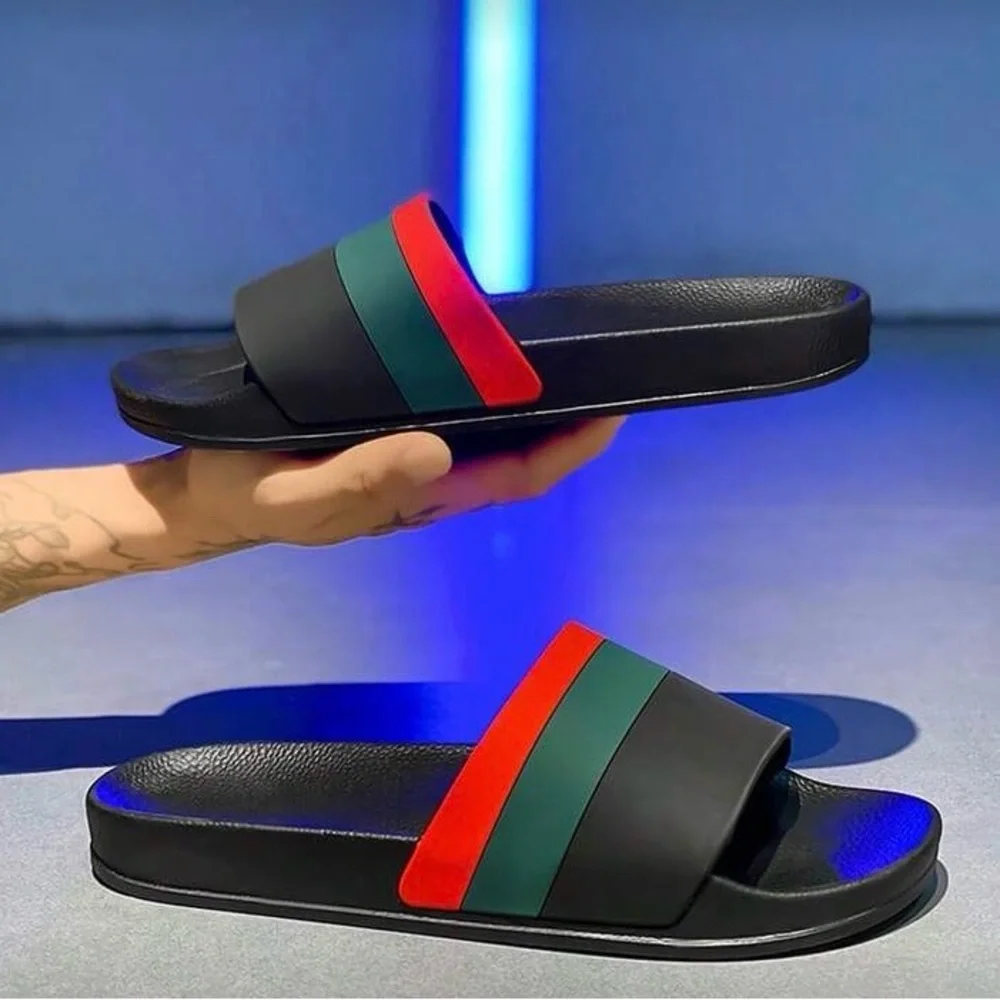 SHEIN Black Slide Sandals with Red and Green Stripes - Picture 3 of 7